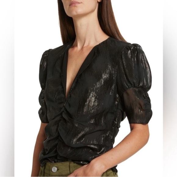 FRAME DENIM Ruched Metallic Jacquard Ruched Puff Short Sleeve Keyhole Blouse Top - Picture 6 of 11